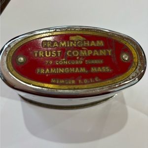 Vintage Framingham Trust (MA) steel pocket coin bank. Made Chicago USA